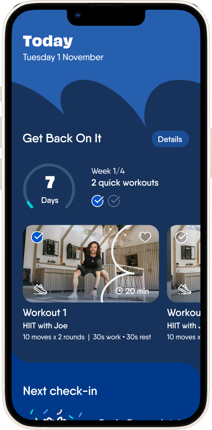 The Body Coach app screenshot with active challenge